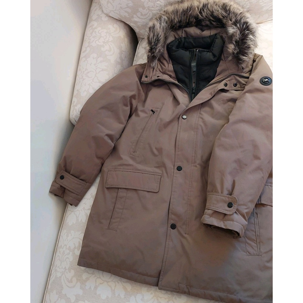 Michael Kors Men's Heavyweight Hooded Bib Snorkel Parka Coat Beige Sz Large $375 - Picture 4 of 16